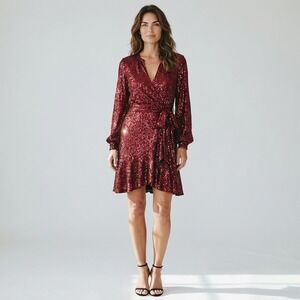 Sachin & Babi Burgundy Sequin Wrap Dress Long Sleeve Ruffle Hem R02D33-601 Mini‎